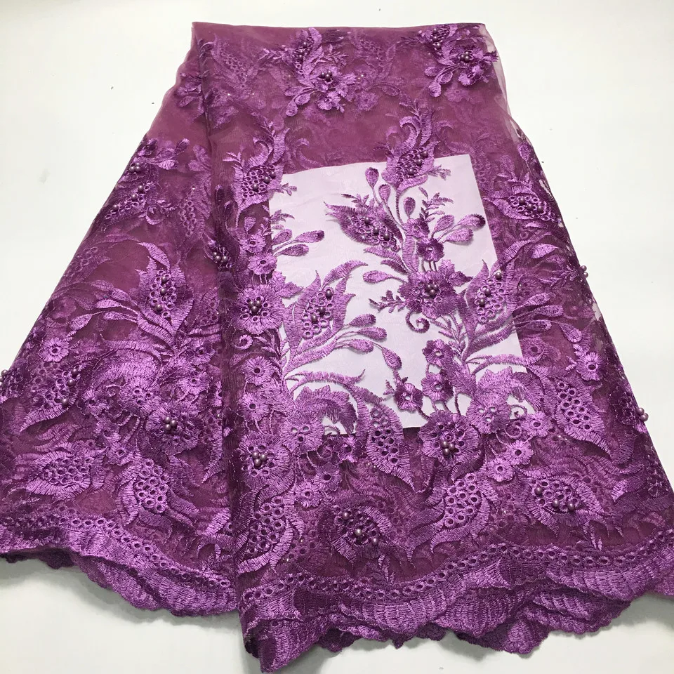 

African Beaded Lace Fabric Embroidered Nigerian Laces Fabric 2021 High Quality Purple French Tulle Lace Fabric For Women M44261