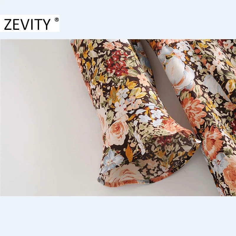 Zevity Autumn Women Vintage Stand Collar Flower Print A Line Mini Dress Office Ladies Ruffles Sleeve Casual Chic Vestido DS4542