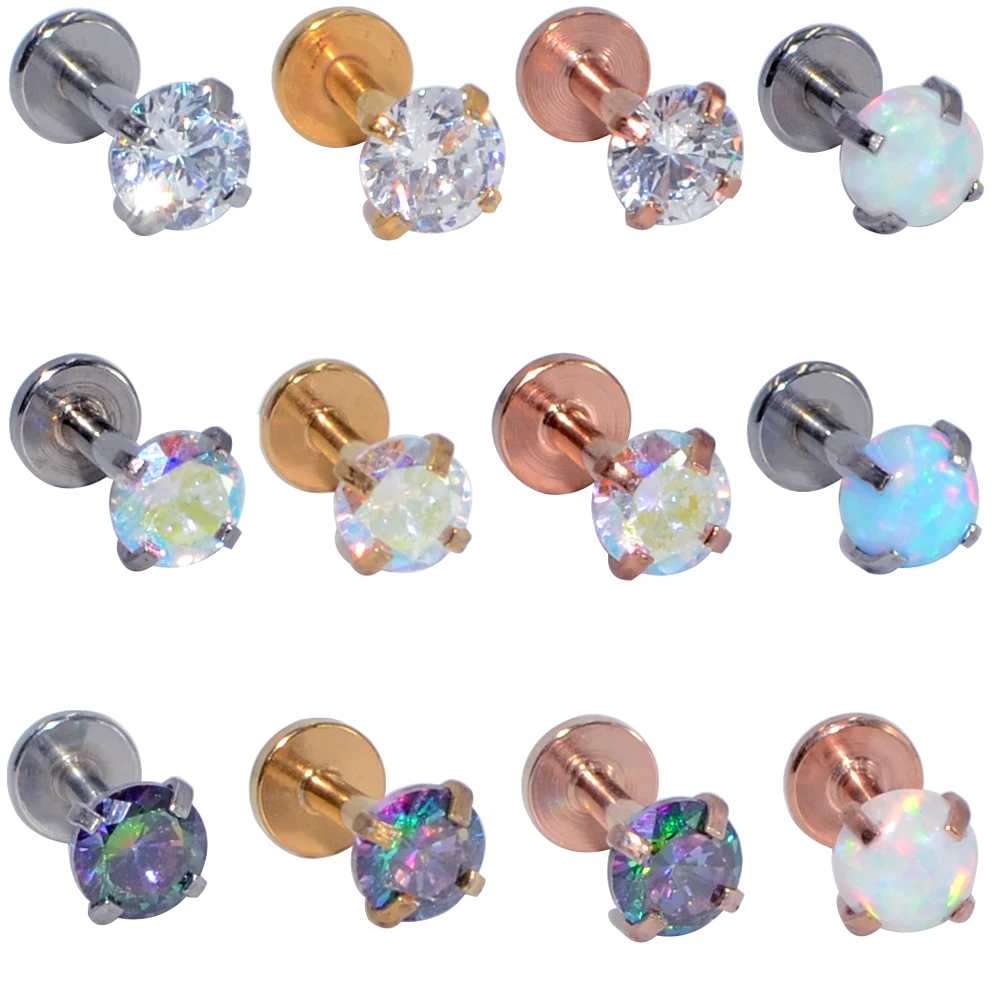 3PCS Mix Size Internally Threaded  Prong Round Opal Zircon Labret  Stud Ear Tragus Cartilage Earring Lip Ring Piercing Jewelry