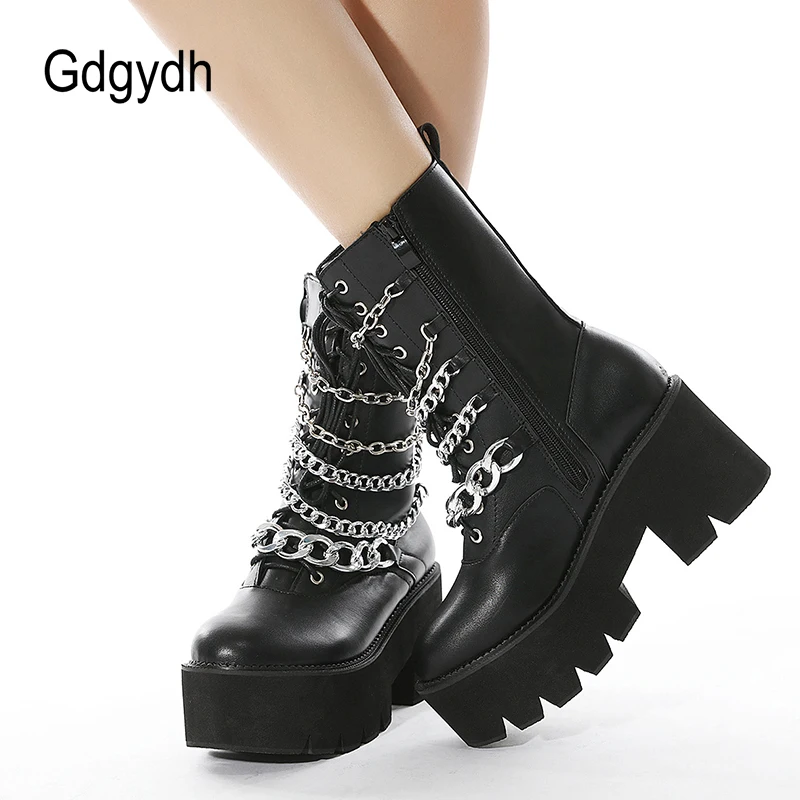 Gdgydh Goth Mid Calf Boots Platform Lace Up Metal Chains Women Motorcycle Boots Chunky Heel Punk Gothic Shoes Black Waterproof