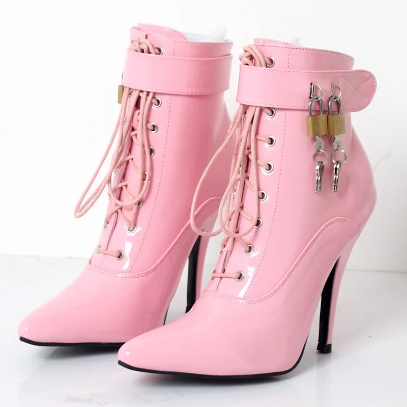 JIALUOWEI New Women 12cm High heel sexy Fetish Cross-tied Pointed Toe Stiletto Buckle ankle Strap Boots with padlocks DWT TV CD