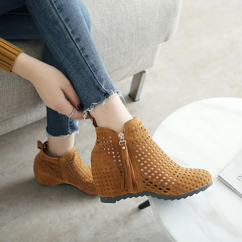 

Platform openwork Women's Ankle Boots Autumn Wedge Heels Short Boots brown Red Black Flock Ankle Boots For Women Party Shoes