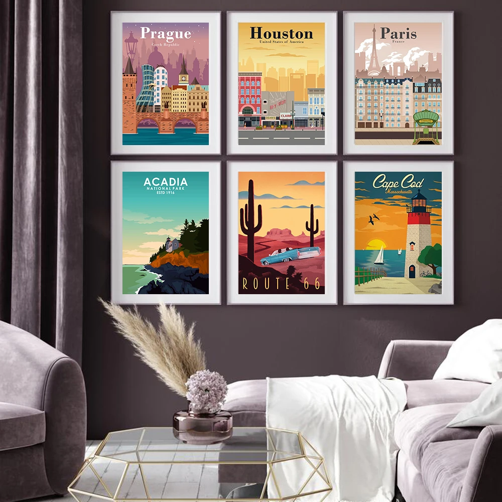 Hd Print Canvas Art Painting Paris Houston Prague Route Picture Vintage Travel Cities Landscape Posters Wall Art Home Decor