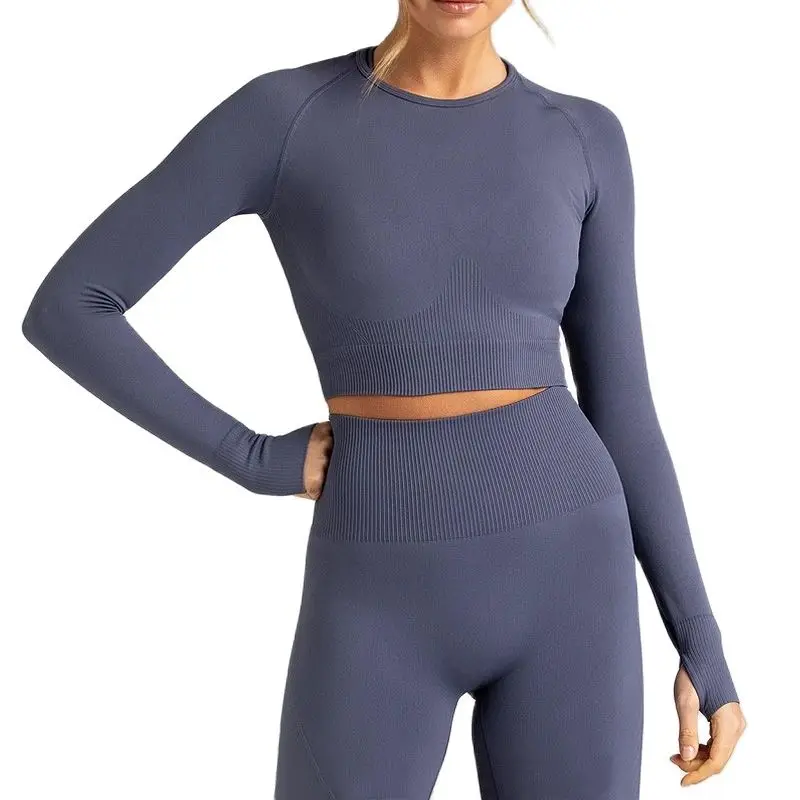 

Knitted Seamless Yoga Set Womens Gym Clothing Tracksuit Long Sleeved High Waist Trousers Yoga Suit Sport Fitness Two-piece Suit