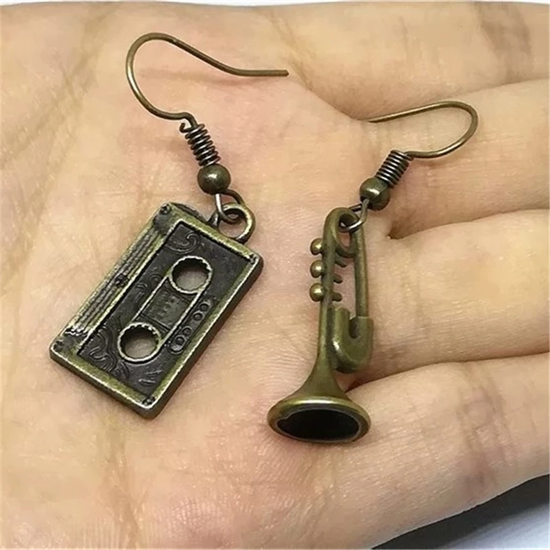 Brass Guitar and Trumpet Dangle Earrings, Gift for Music Lovers, Retro Earrings