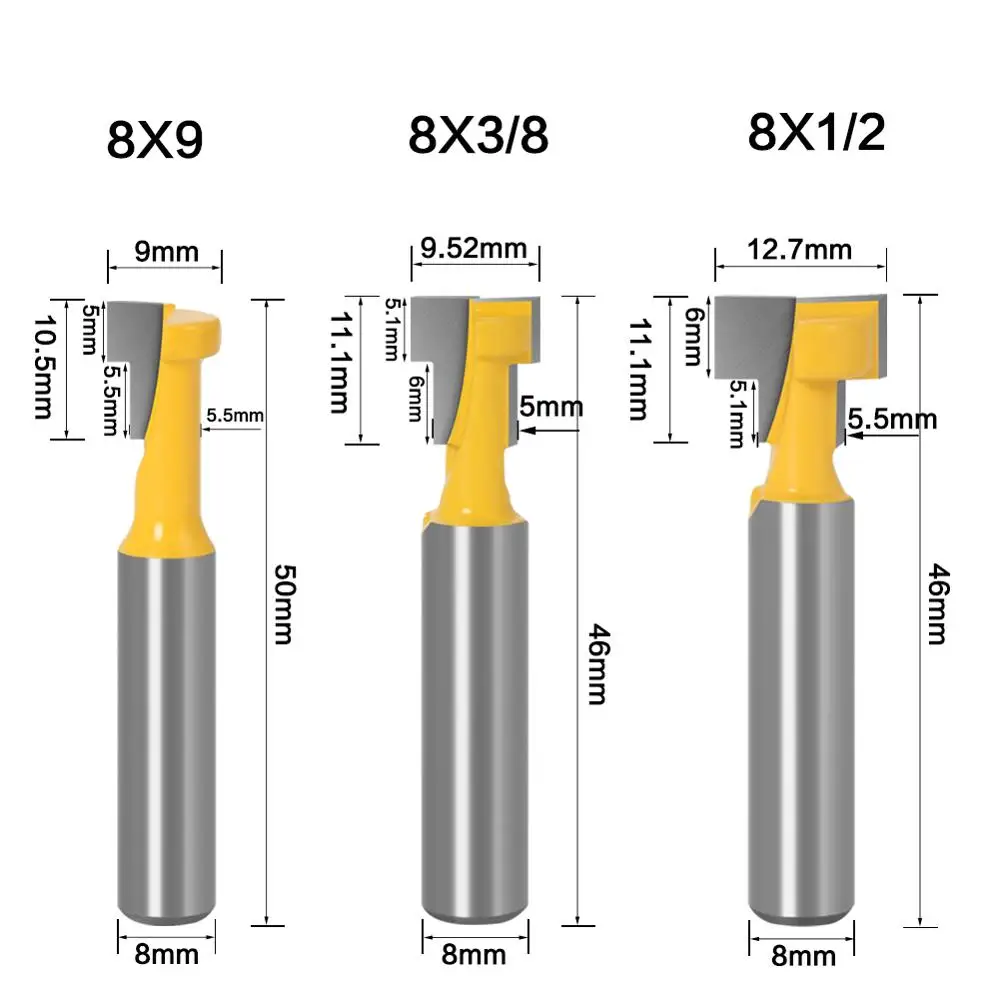 Haste T-Slot Cortador para Madeira Madeira, Router Bit Set, Chave de Parafuso Sextavado, Buracos Bits, T Slotting, Fresa, 8mm, 3 Pcs