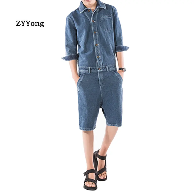 Summer Fashion Man Jeans Shorts Bib Overalls Streetwear Lapel Letter Denim Jumpsuits Trousers Leisure Brown Blue Freight Pants