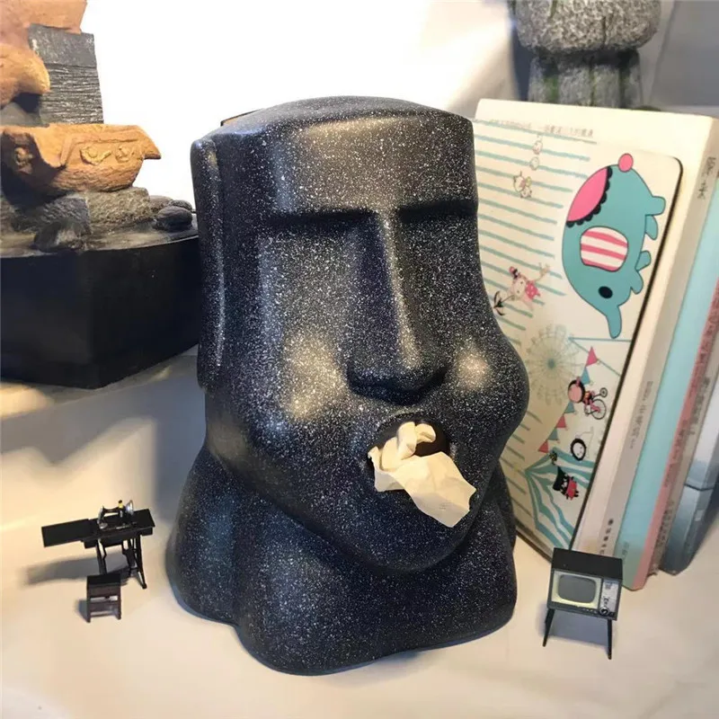 Resin Easter Moai Tissue Box Funny Wall Decoration Figurines Easter Stone People Face Statue Paper Napkin Case Vintage Home Deco