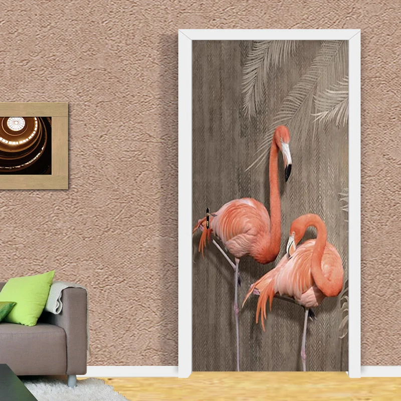 

Door Sticker 3D Tropical Plant Forest Flamingo Animal Wallpaper Living Room Bedroom Door Decal Decor PVC Self-Adhesive Stickers