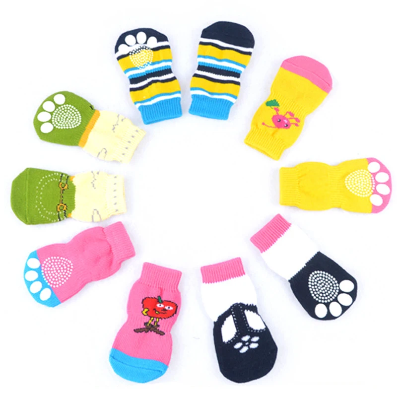 4pcs/Set New Puppy Dog Knit Socks Small Dogs Cotton Anti-Slip Cat Shoes Indoor Wear Slip On Paw Protector Random Color Wholesale