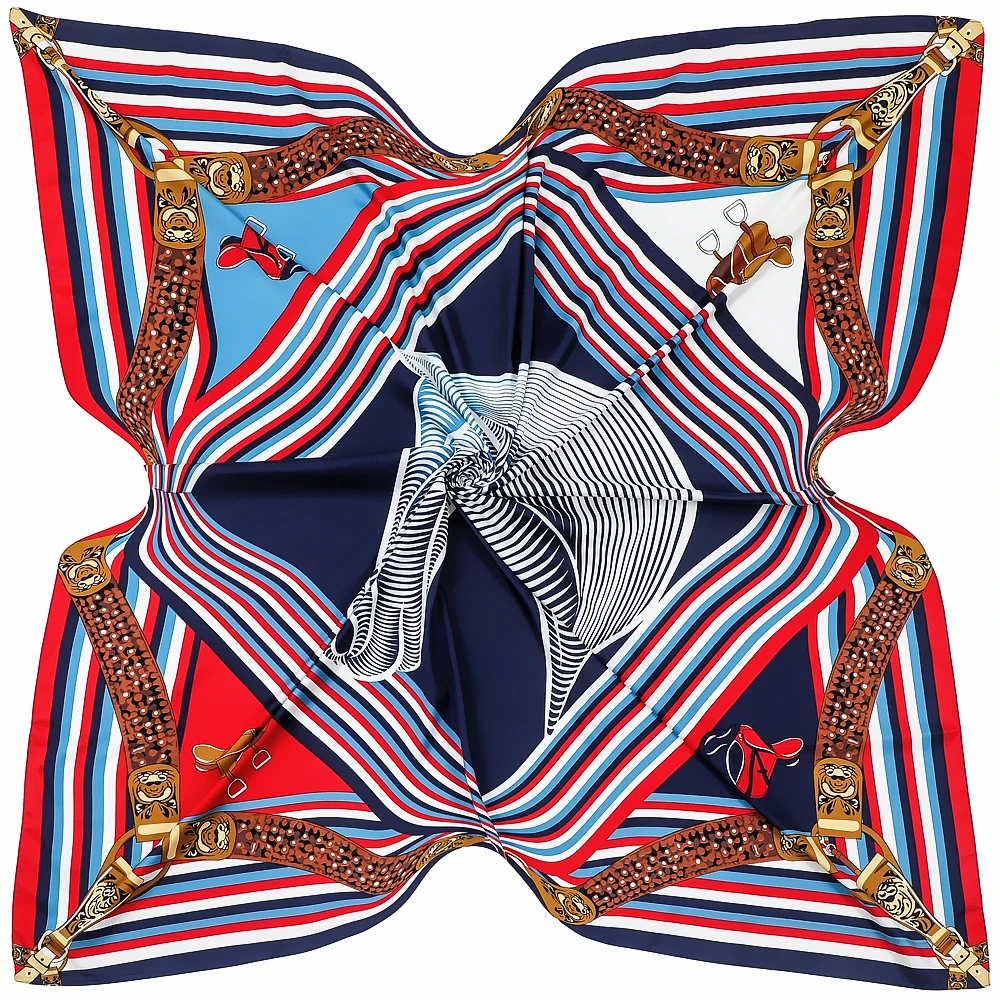 130cm European Retro Geometric Stripe Horse Head War Horse Women\'s Twill Fashion Decoration Scarf Silk Scarf Shawl Large Scarf