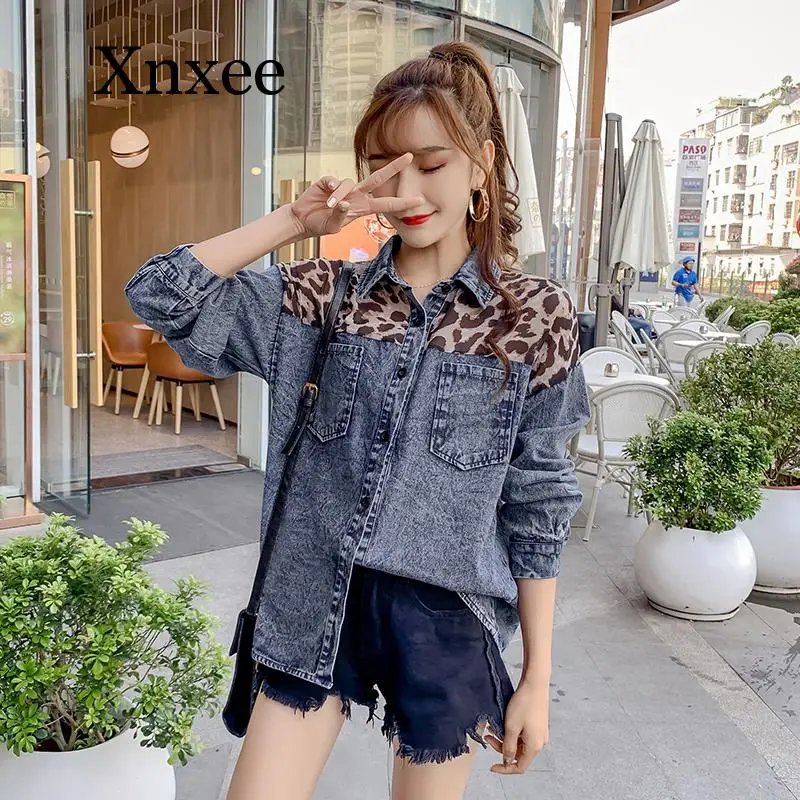 Màu Xanh Dương Phối Áo Sơ Mi Denim Nữ Mùa Xuân Thu Đông Hàn Quốc Khâu Da Báo Voan Rời Khoác Áo Khoác Tay Dài