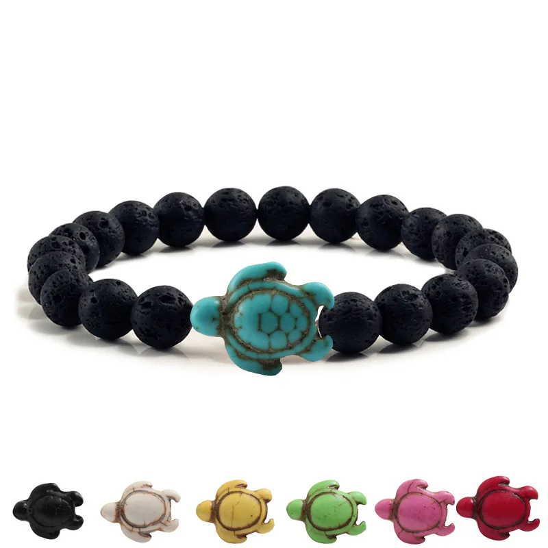 Summer Beach Sea Turtle Beads Bracelet for Men Charm Black Lava Natural Stone Bracelet Hamdmade Strand Elastic Bangles Jewelry