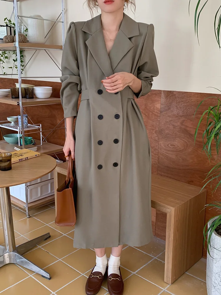 Croysier Women Dresses 2021 Notched Lapel Double Breasted Blazer Dress Elegant Office Lady Long Sleeve Vintage Belted Midi Dress