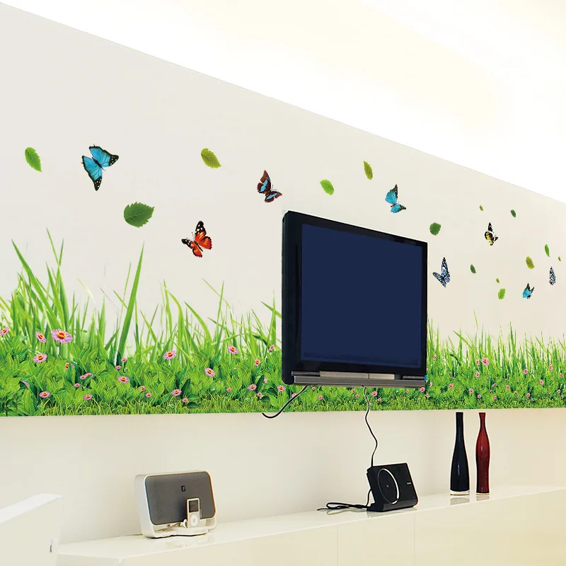 Green Grass Colorful Butterfly Flower Skirting Wall Stickers Living-room Bedroom Bathroom Vinyl Decals Art Home Decoration Mural