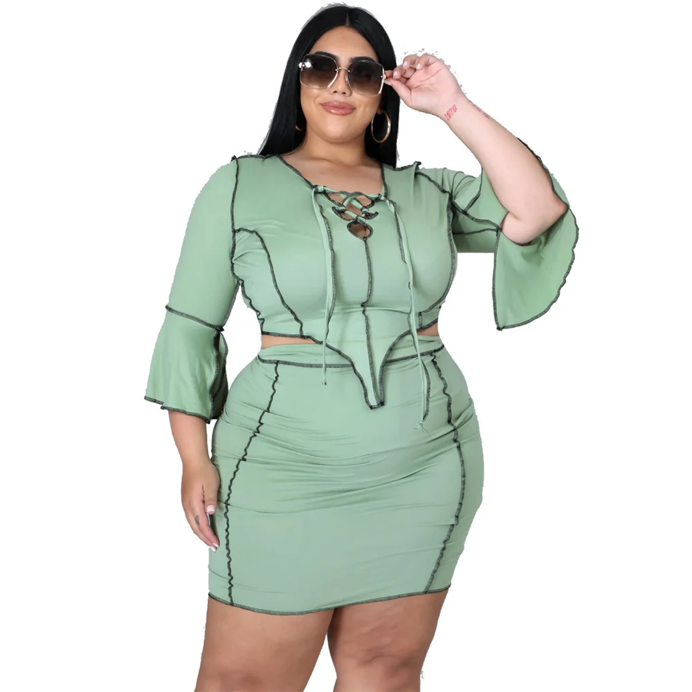 Plus Size Women Clothing 2 Piece Skirt Sets for Women Ribbing Elastic Waist Above Knee Hight Waist Skirts Wholesale Dropshipping