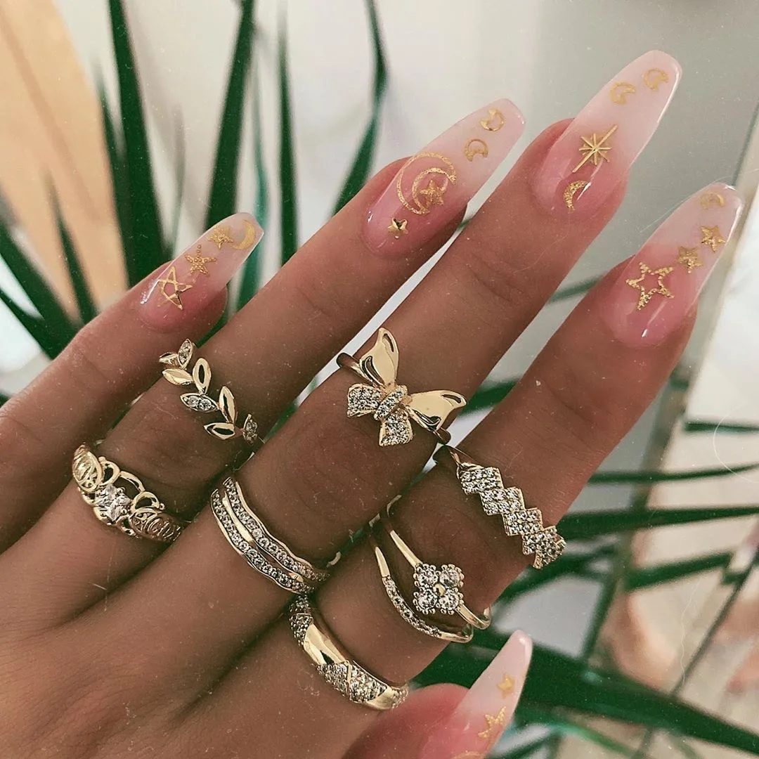 2021 Boho Midi Moon Knuckle Finger Rings Set For Women Vintage Crystal Geometric Gold color joint Ring Female Trendy Jewelry