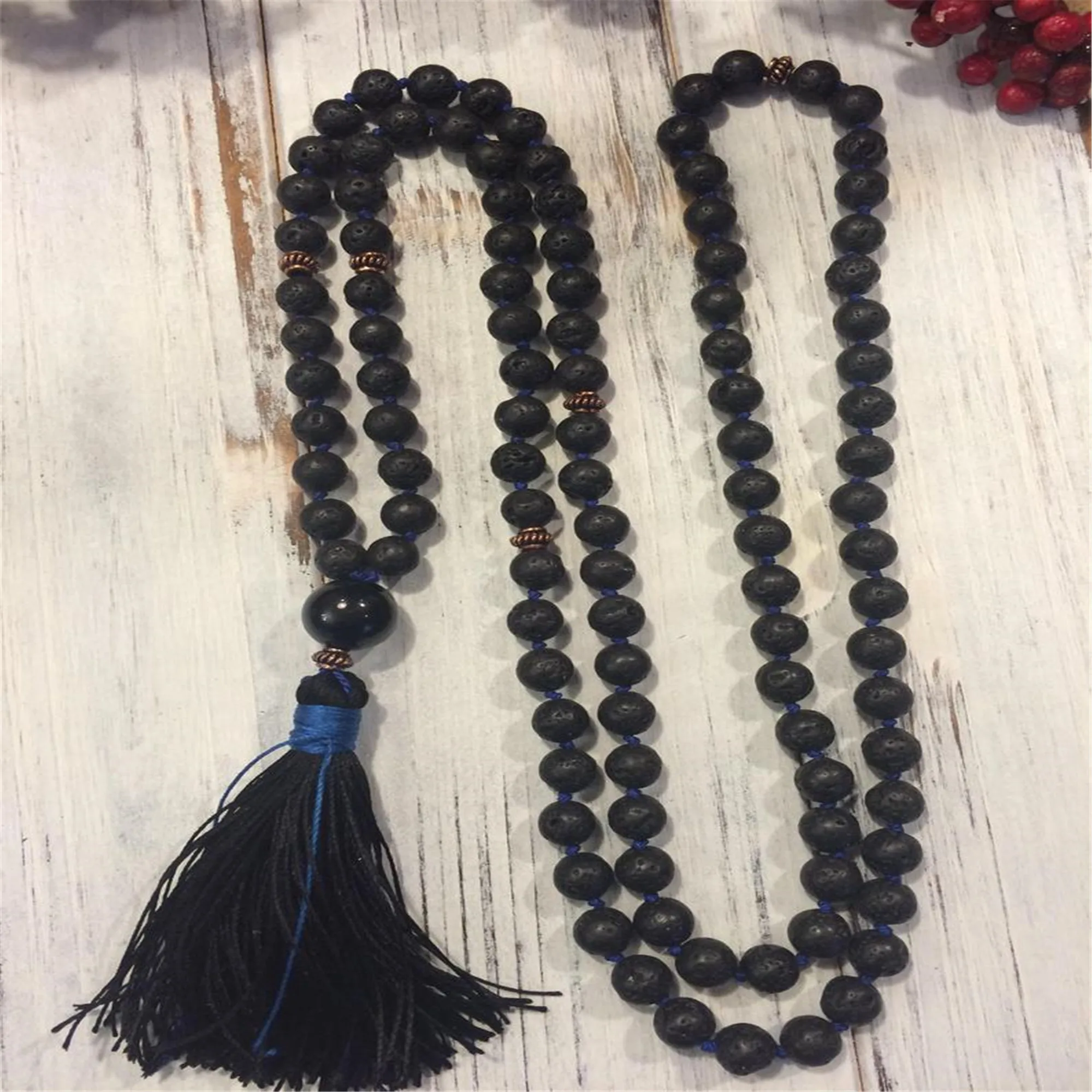8mm Natural Volcanic Lava 108 Beads Tassel Knotted Necklace Handcrafted Prayer Wrist Chakra Cuff Yoga Classic Healing Meditation