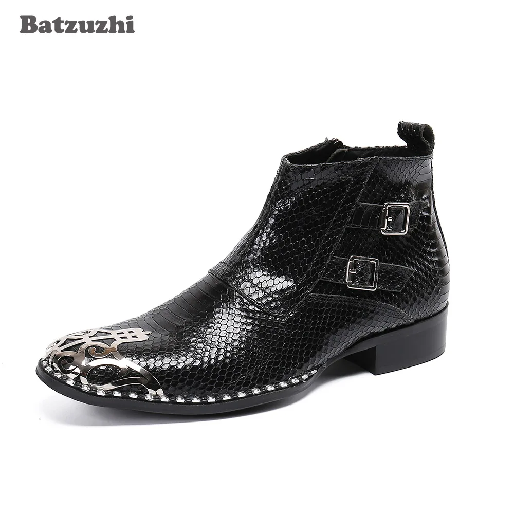 

Batzuzhi Special Metal Toe Genuine Leather Ankle Boots Men Western Cool Men's Boots Shoes Buckle Zip Botas Hombre, Big Size 6-12