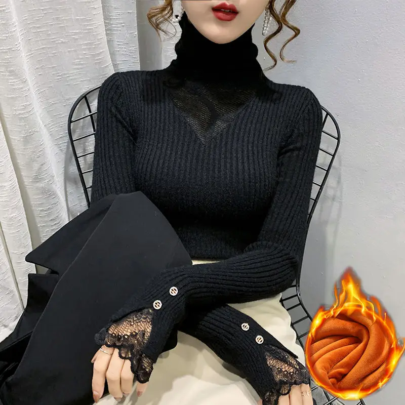 Add Velvet Bottoming Shirt Women Autumn and Winter Mesh Lace Stitching Turtleneck Slim Knit Lady Shirt Blusa