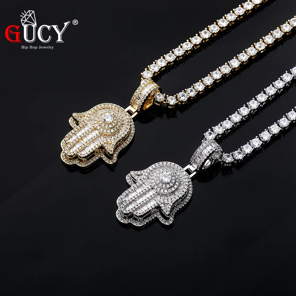 GUCY Iced Hand Pendant Necklace Free Steel Rope Chain Gold Color Cubic Zircon Men's Hip Hop Jewelry For Gift