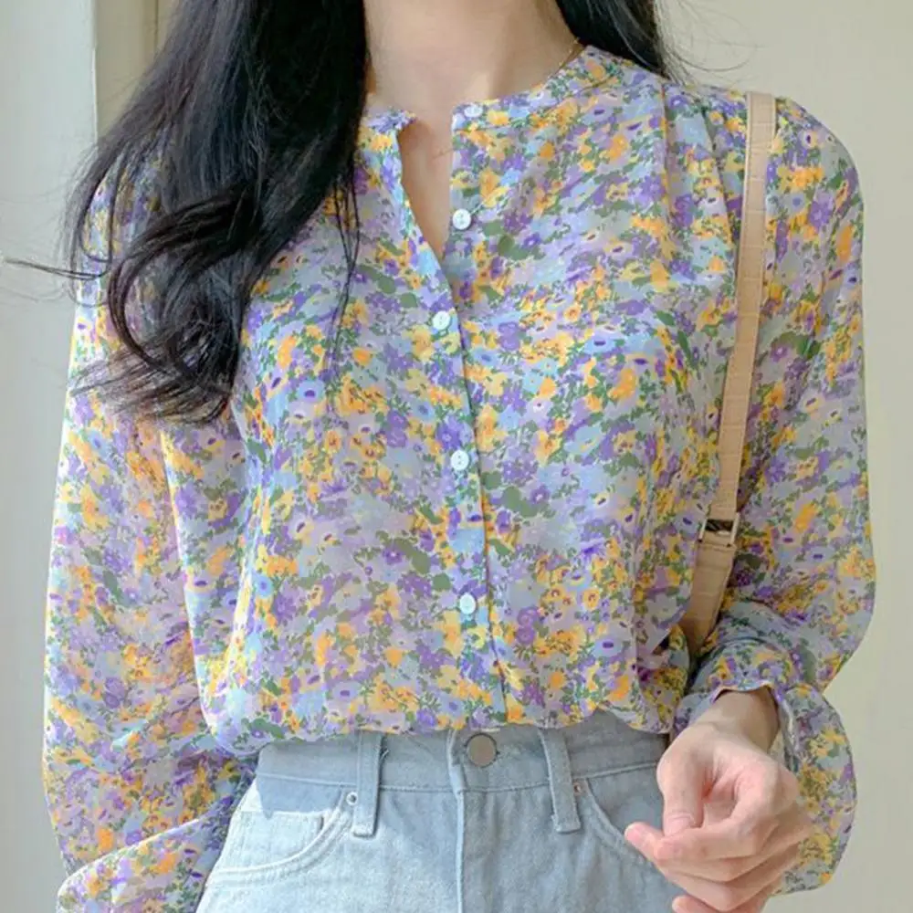 

2021 Autumn Summer Women Chiffon Shirts Loose Casual Buttons Shirt Women Floral Print Long Sleeve Blouses Elegant Ladies Shirts