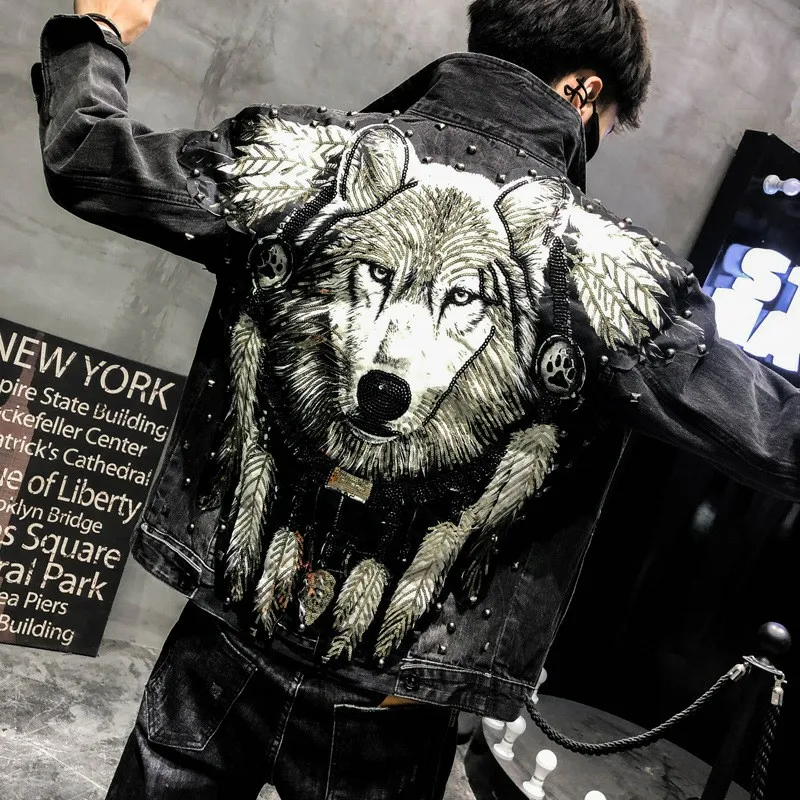 

100%real men black ripped jean jacket wolf rivet hip top/short tuxedo jacket/stage performance/ASIA SIZE