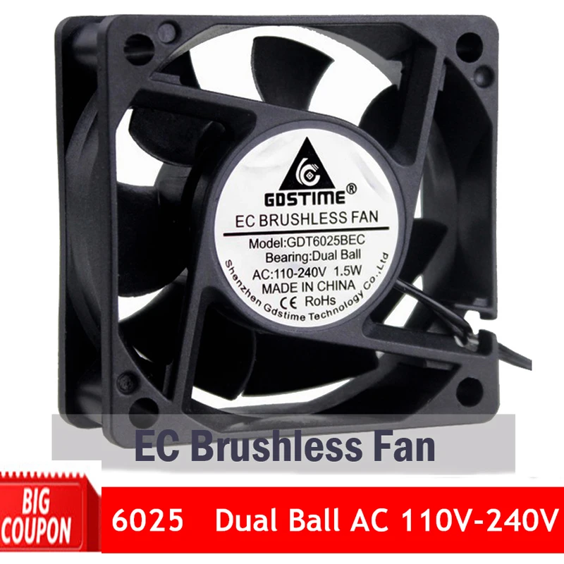 1PCS Gdstime EC 60mm 6025 Brushless Fan Axial AC 110V 115V 120V 220V 230V 240V Dual Hydraulic Axial Fan