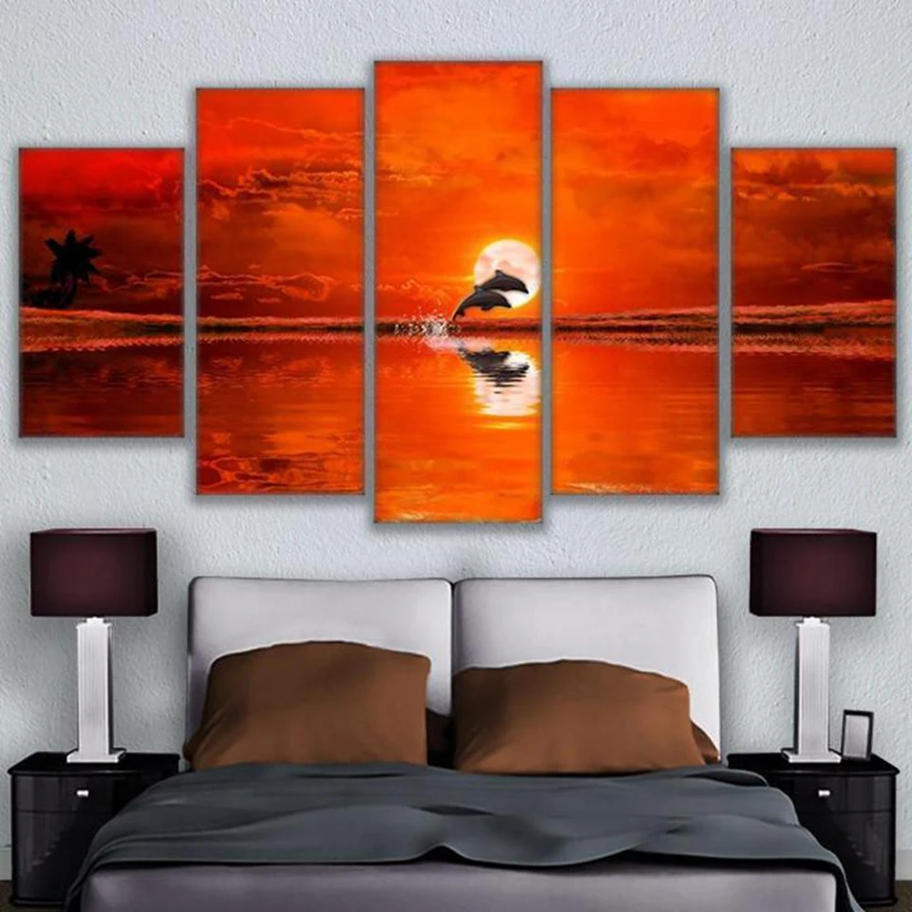 5 Pieces Wall Art Canvas Painting Dolphins Sunset Seascape Poster Modern Home Decoration Pictures Framed Abstract