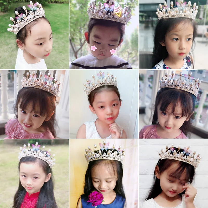 Gold Color Tiaras And Crowns Butterfly Pearls Crystal Handmade Children Crown Photography Party For Kids Women Princess Diadems