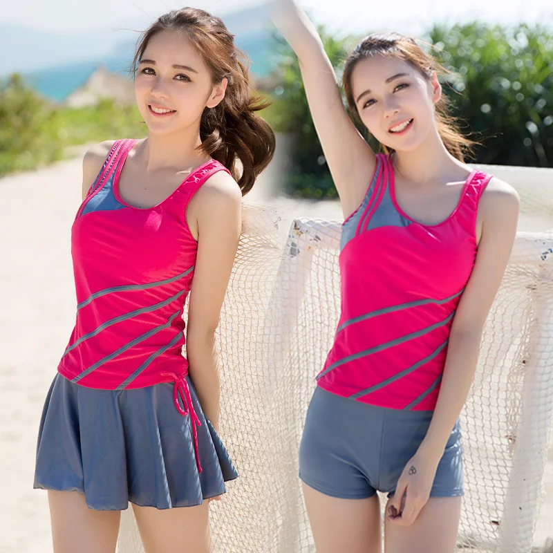 Swimsuit three-piece female split skirt conservative fast-drying solid color boyshort students sports swimwear