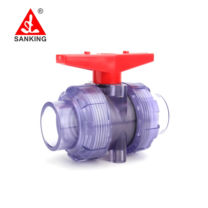 Sanking 20มม.-63มม.โปร่งใส PVC True Union Ball วาล์วยูเนี่ยน PVC Ball Valve วาล์ว Double Union เคมีอุตสาหกรรม