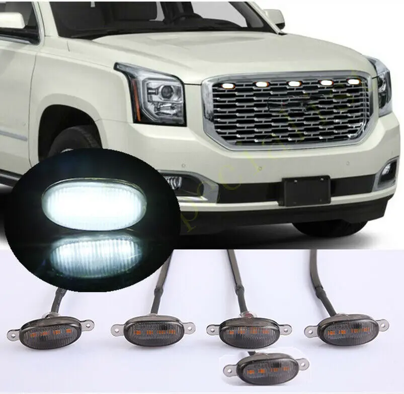 5PCS Fit For GMC Yukon 2019-2020 LED Car Front bumper Grille LED White Light Raptor Style Light Kit Decor W/ Wire Speed