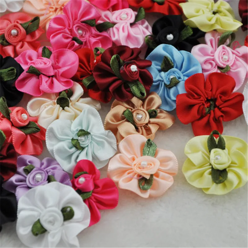 40pcs upick Mix Color Satin Ribbon Flowers Bows Craft Sewing Appliques  A001