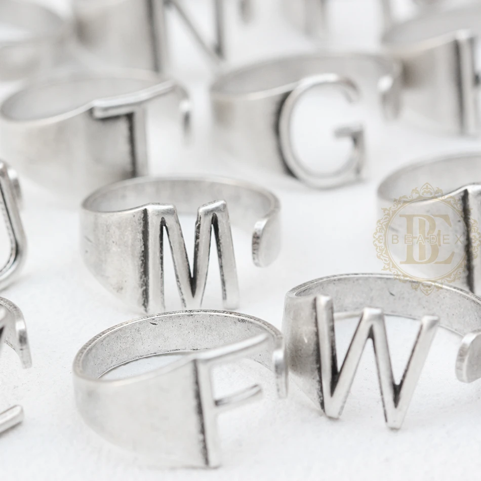 One Piece Antique Silver Plated Solid Brass Alphabet Finger Ring Base - Letter Finger Ring - Adjustable - Open End (4532C)