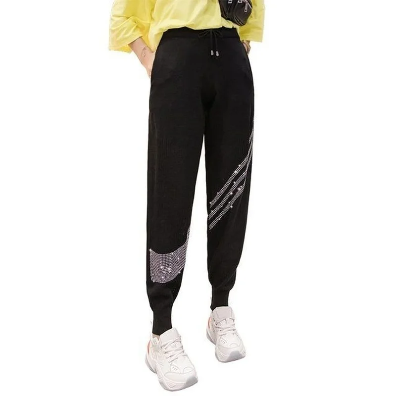 Pantaloni lavorati a maglia pantaloni Casual da donna con diamanti pantaloni larghi autunnali pantaloni larghi da donna pantaloni sportivi da harn