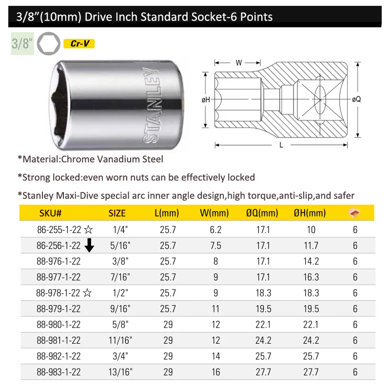 Stanley 1-Pcs 6PT 3/8 Square Drive Sockets Inch Sizes 1/4 5/16 3/8 7/16 1/2 9/16 5/8 3/4 to 13/16 Ratchet Socket Repair Tools