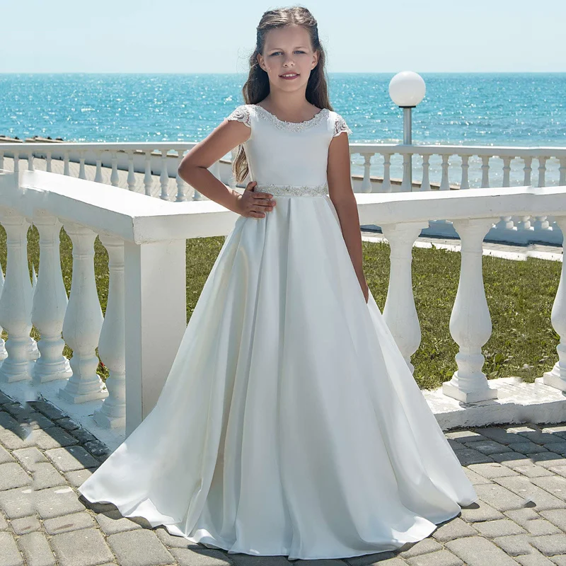 Vestidos elegantes de cetim infantil, vestidos para casamento, primeira comunhão, com manga curta, miçangas, festa de casamento