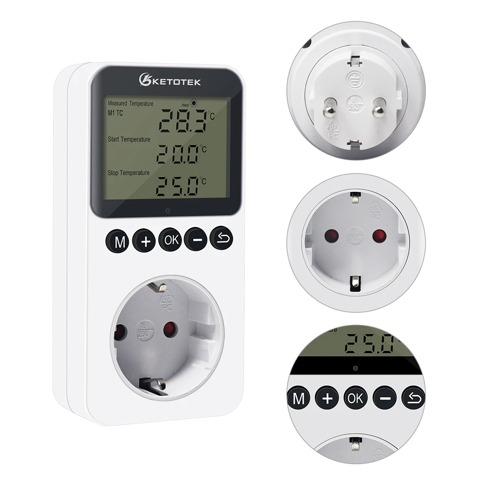 Ketotek Digital Thermostat Day/Night Temperature Controller Socket 230V16A Thermostat Outlet Heating Cooling EU/UK/US/AU/FR Plug