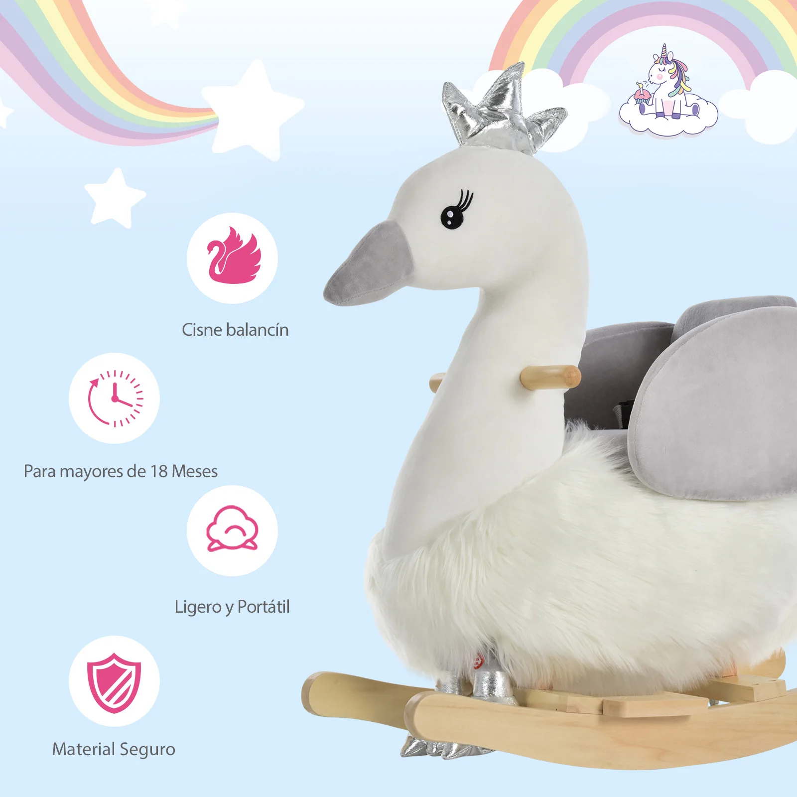 Imagen 4: HOMCOM Balancín Forma de Cisne +18 Meses con Sonido 60x33x59 cm Blanco y Gris