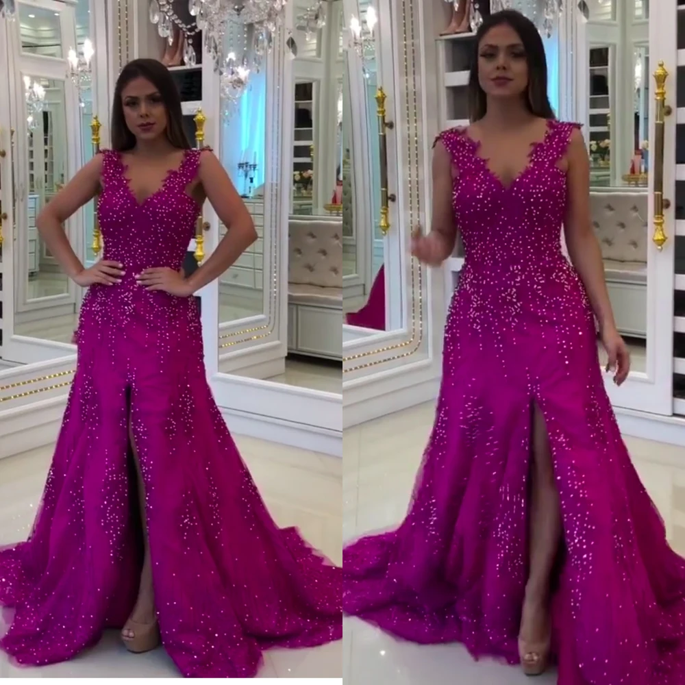 prom dresses 2020 purple pearls beading lace appliques front slit floor length evening dresses arabic robe de soiree