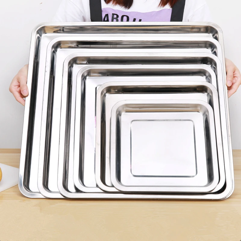 Square Stainless Steel Food Fruit Storage Tray Cake Barbecue Pastry Steamed Sausage Shallow Pans Plate Dish Kitchen Accessories