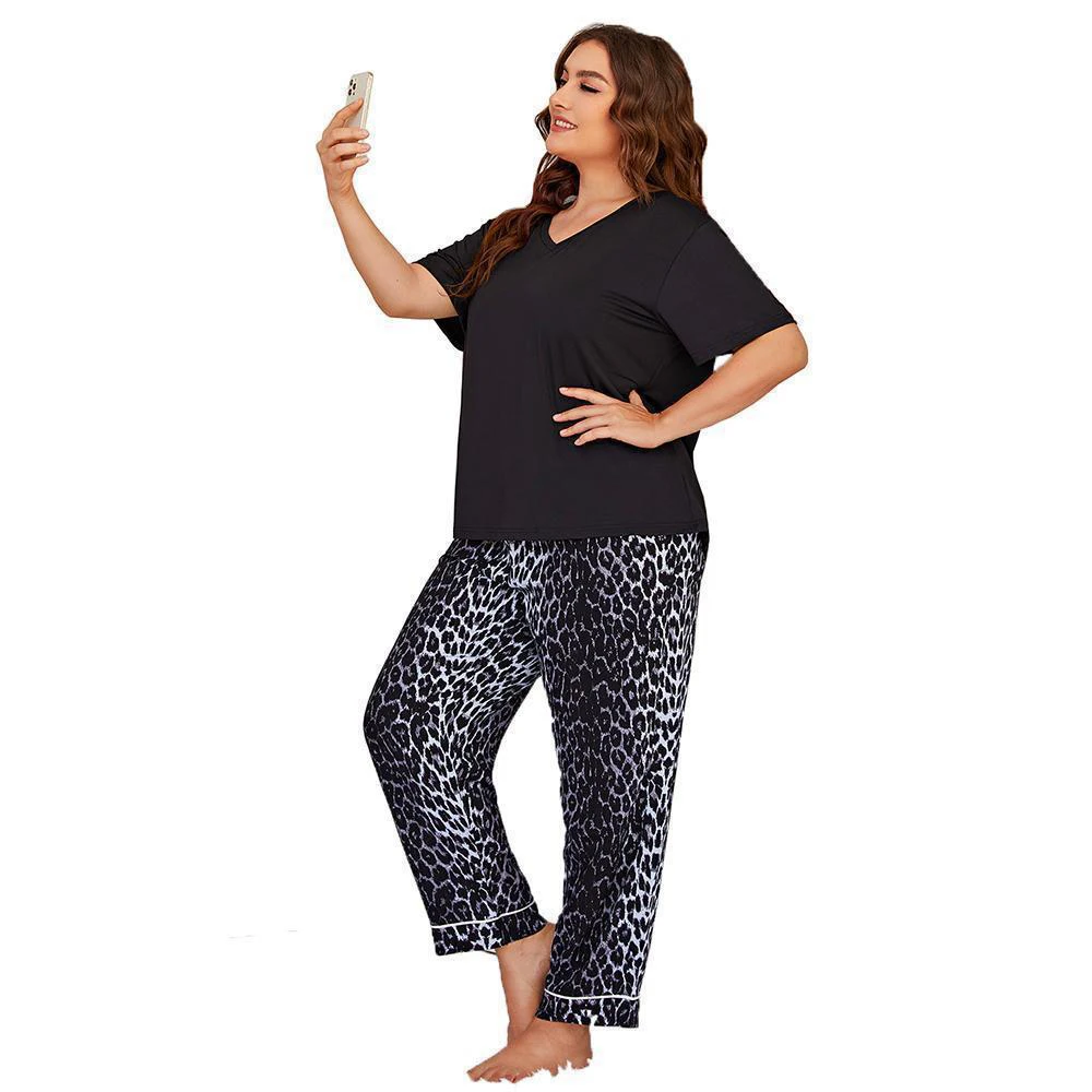 Black Shirt Top Plus Size Pajamas Woman Pants Leopard Home Suit Oversized Sleepwear Women Female Overalls Clothing Sets 2 Pieces