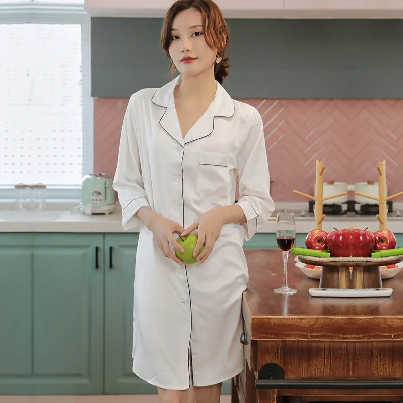 Shirt Pajamas Robes White Womens Negligee V-Neck Top Gown Nightgown Summer Sleepwear Turn-down Collar Sleepshirts Dress Homewear