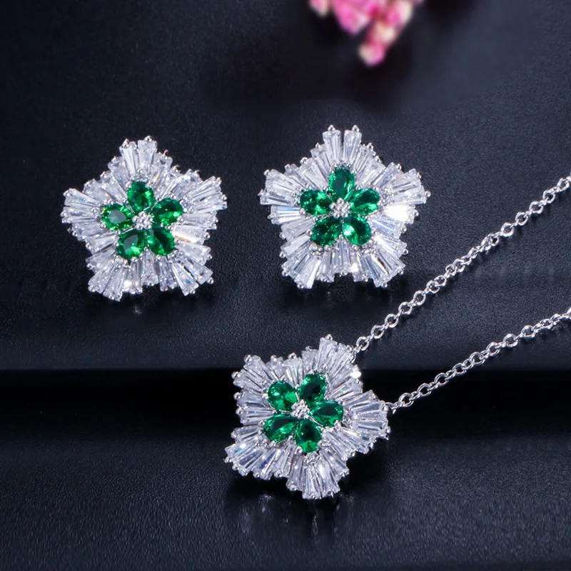 CWWZircons Marken-Damenmode Zirkonia Schneeflocken-Anhänger Halskette Ohrring-Sets für Frauen Party Geschenk Schmuck Großhandel T0037 – Detail 2