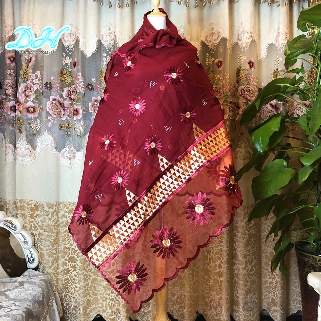 

2021 Summer African Women Scarfs Cotton Splicing Net Soft Muslim Women Embroidery Hijab Headscarf DH064