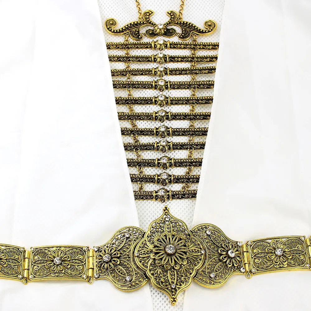 Sunspicems Caucasus Belt Breastplate Sets Chest Link Chain for Women Retro Gold Silver Color Metal Wedding Jewelry Gift