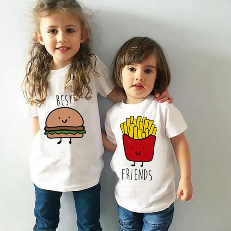 2021 Funny Best Friend Hamburg Chips Kids T-shirt Boys Girls Short Sleeve Cool Shirt Tops Children BFF Tee Shirt Casual Tops