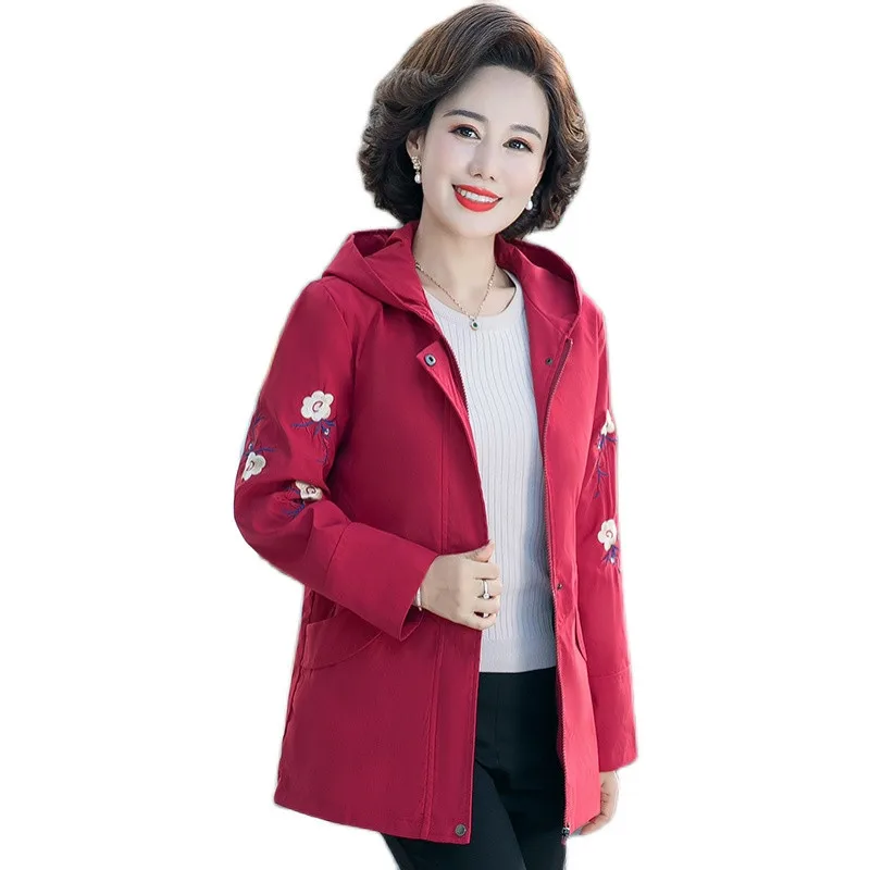 

Hooded Windbreaker Women New Autumn Jacket Embroidery Long Sleeved Coat Female Windbreaker Middle-aged Outerwear