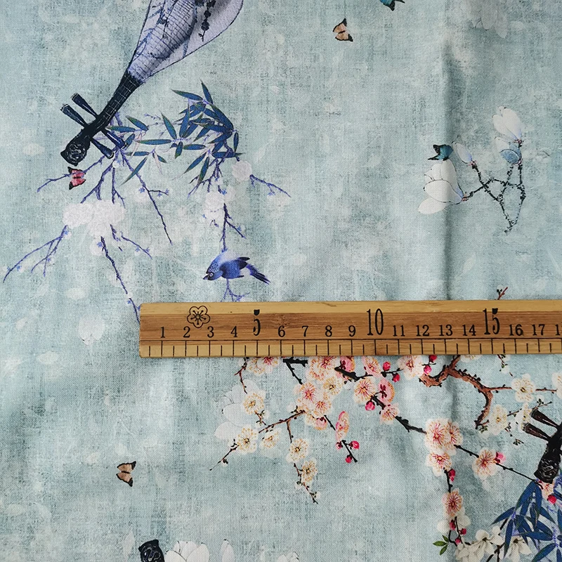 Beautiful Lt. Grey/Blue Musical Lute 100%Cotton Fabric Digital Print Plum Blossom/Bird Print DIY Sewing Children Clothing Dress